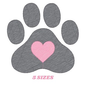 May include: Gray paw print with a pink heart in the center. The paw print is textured and the heart is filled in. The text "5 SIZES" is below the paw print.