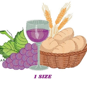 May include: An embroidery design featuring a glass of red wine, a basket of bread, a bunch of grapes, and wheat stalks. The design is perfect for a religious or spiritual theme.