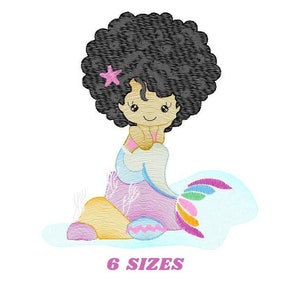 Mermaid with Black Curly hair embroidery designs - African American machine embroidery pattern - Black girl afro hair - Instant download pes