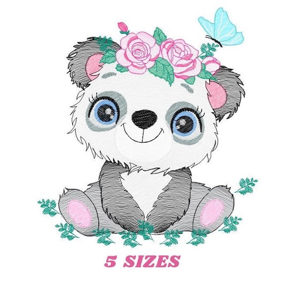 Panda Stickdatei - Tier Stickmuster Maschinenstickmuster - Baby Mädchen Stickdatei - Panda mit Schmetterling Download