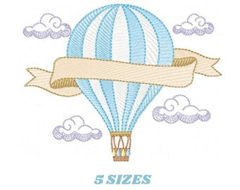Balloon embroidery designs - Hot air balloon embroidery design machine embroidery pattern - Sky clouds embroidery file - instant download