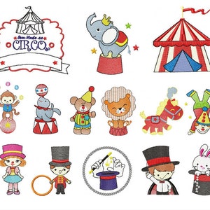 May include: A set of 12 colorful embroidered designs featuring circus animals, clowns, and a tent. The designs include a monkey juggling balls, a seal balancing a ball, a lion, a horse, a clown, a magician, a rabbit, a girl in a dress, a boy with a hoop, and an elephant. The designs are perfect for creating personalized embroidery projects.