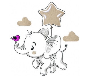 Elephant embroidery designs -  Animal embroidery design machine embroidery pattern - Baby boy embroidery file - instant download Stars cloud