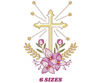 Cross embroidery designs - Religious embroidery design machine embroidery pattern - Catholic embroidery file - Cross with flowers Eucharist