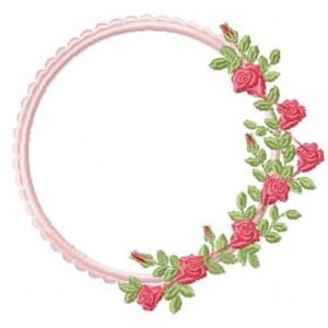 Puede incluir: Un marco circular rosa con un borde festoneado está decorado con una guirnalda de rosas rosas y hojas verdes.