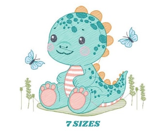 Wzory do haftu dinozaurów - Dino z motylami wzór do haftu maszynowego - Plik dla chłopca Tyrannosaurus - natychmiastowe pobieranie cyfrowe pes