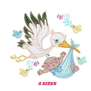Borduurontwerp ooievaar - ooievaar met baby borduurontwerp machine borduurpatroon - pasgeboren borduurbestand - ontwerp cadeau kraamcadeau