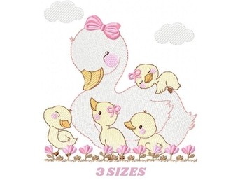 Mama Duck & Ducklings Embroidery Design – Baby Girl Animal Pattern (Digital Download)