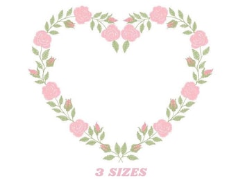 Heart Roses Embroidery Design – Flower Wreath Frame (Digital Download)