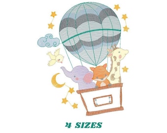 Animal embroidery designs - Hot air balloon embroidery design machine embroidery pattern - Safari embroidery file - Elephant Giraffe Fox pes