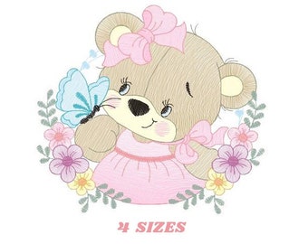 Female Bear embroidery designs - Baby girl embroidery design machine embroidery pattern - Bear with butterfly embroidery file - digital file