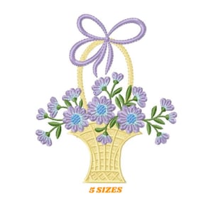 花かごの刺繍デザイン - ラベンダーキッチンタオルの機械刺繍パターン - 花かごファイル - 即時ダウンロード pes jef dst