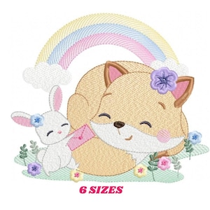 Red Fox embroidery designs - Woodland animals with rainbow machine embroidery pattern - Baby girl file - Instant digital download pes jef