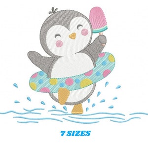 May include: A cartoon penguin wearing a blue and yellow polka dot inflatable ring and holding a pink popsicle. The penguin is in the water with blue waves and water splashes.