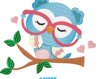 Owl embroidery design - Bird with glasses and hearts machine embroidery pattern - School Teacher file - Instant digital download pes jef dst