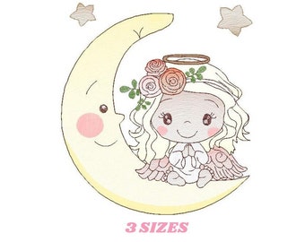Angel embroidery designs - Girl in the moon embroidery design machine embroidery pattern - Angel with moon embroidery file pes download
