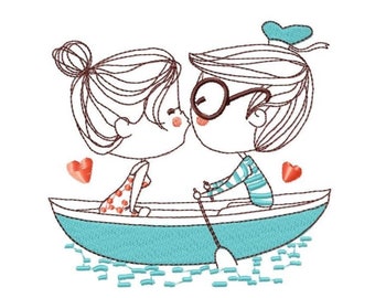 Couple in Boat Embroidery Design - Valentine's Day Romance (Instant Download)