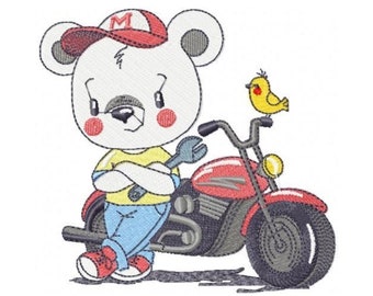 Bear with bike embroidery designs - Bear embroidery design machine embroidery pattern - Baby boy embroidery file - instant download Biker