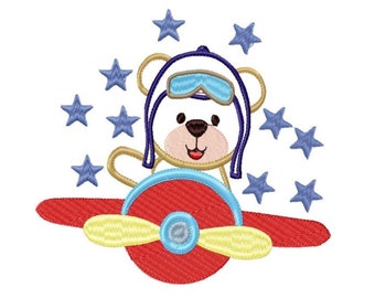 Pilot Bear embroidery designs - Plane machine embroidery pattern - Baby boy file - Aviator Bear applique design - Instant digital download