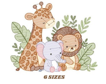 Safari Animals Embroidery Design - Lion, Elephant, Giraffe (Digital Download)