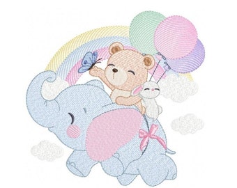 Elephant & Bear Embroidery Design – Baby Girl, Kid Embroidery (Digital Download)