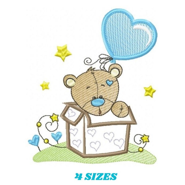 Bear embroidery designs - Teddy embroidery design machine embroidery pattern - cute bear box with heart balloon embroidery file - baby boy