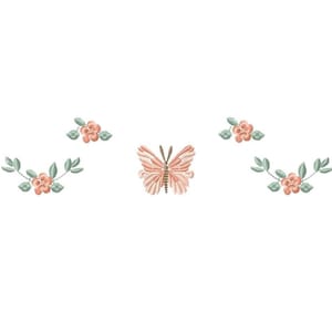 May include: A pink butterfly with brown accents is centered between two sprigs of green leaves with pink flowers.