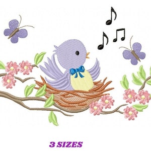 Singender Vogel Stickmuster - Vogel im Vogelnest mit Blumen Stickmuster Maschinenstickmuster - Sofortiger Download pes jef dst
