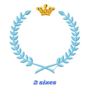 Puede incluir: Una corona dorada sobre una corona de laurel azul. La corona de laurel es un círculo con hojas y la corona es un diseño simple con cinco puntos.