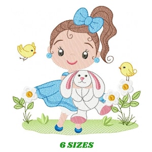 Baby girl embroidery designs - Young girl with rabbit and birds machine embroidery pattern - Girl with bunny file - Instant digital download