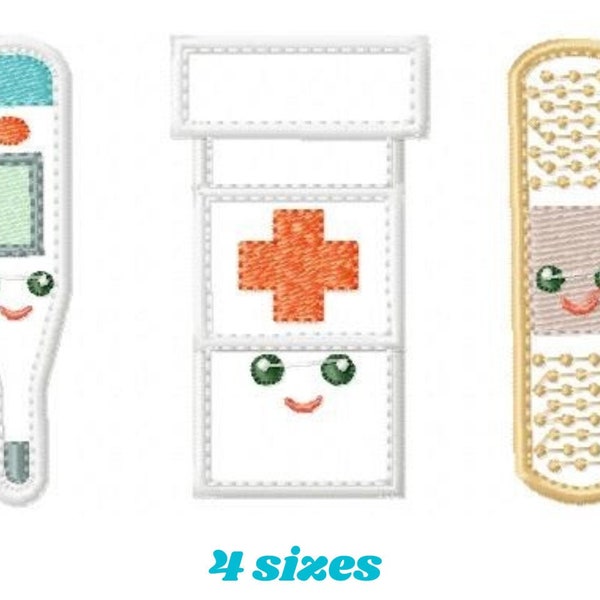 Thermometer embroidery design - Band aid embroidery design machine embroidery pattern - Pill box embroidery emergency medical kit applique