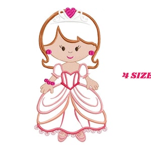May include: Embroidered design of a princess wearing a pink dress and a crown with a heart on top. The princess has brown hair, pink cheeks, and pink shoes.