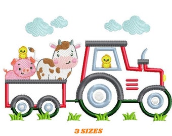 Traktor Stickdatei - Stickdatei Tiere auf dem Bauernhof Maschinenstickmuster - Stickdatei Fahrzeug - Traktor Applikation Baby Junge