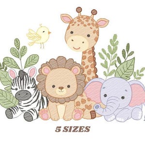 サファリ動物の刺繍デザイン - 象の刺繍デザイン機械刺繍パターン - キリンシマウマライオン熱帯植物 - ダウンロード