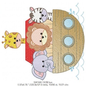 May include: Embroidered design of a brown ark with a zebra, lion, giraffe, and elephant peeking out. The ark is on a blue wave background. The design is 5.07 inches by 4.76 inches and has 15498 stitches and 21 colors.