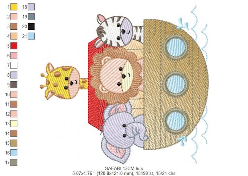 May include: Embroidered design of a brown ark with a zebra, lion, giraffe, and elephant peeking out. The ark is on a blue wave background. The design is 5.07 inches by 4.76 inches and has 15498 stitches and 21 colors.