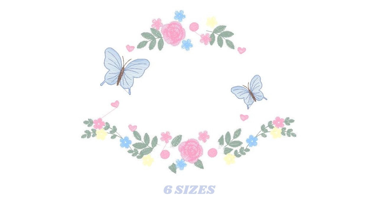 Flower Frame With butterflies embroidery designs - Delicate Butterfly embroidery design machine embroidery pattern - Wreath embroidery file