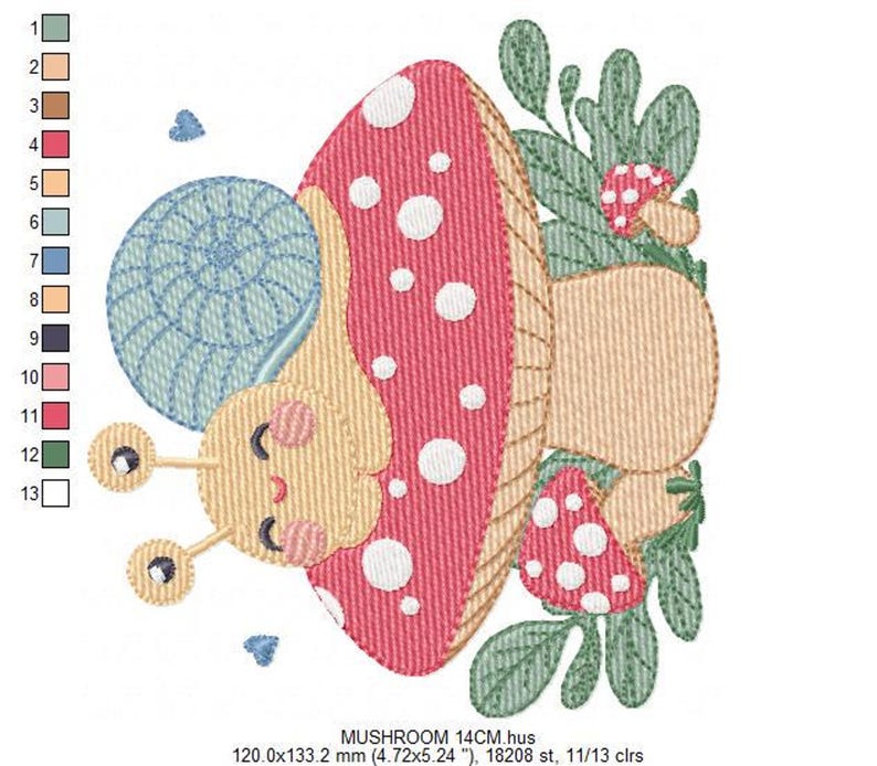 Snail on Mushroom Embroidery Design - Magical Garden File (Instant Download)