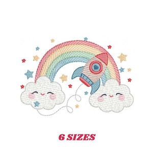 May include: Embroidered design featuring a rainbow with a rocket flying through it, two clouds with smiling faces, and stars.  The design is available in six sizes.