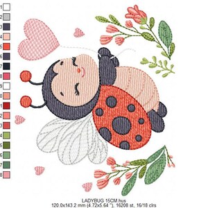 May include: An embroidered design of a smiling ladybug with a heart-shaped balloon. The ladybug has a red shell with black spots, a gray head, and white wings. Pink flowers and leaves surround the ladybug. The text "LADYBUG 15CM.hus" is at the bottom.