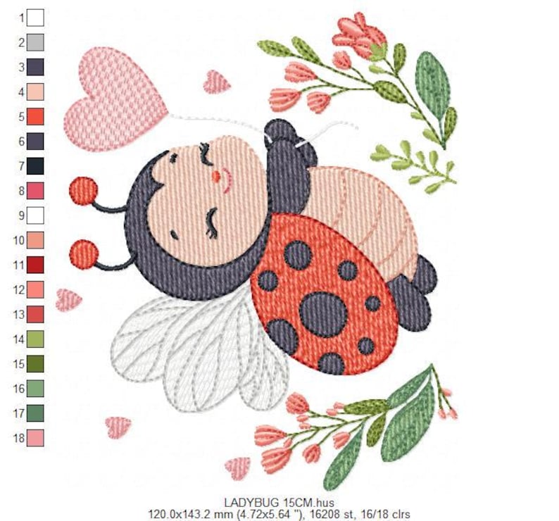 May include: An embroidered design of a smiling ladybug with a heart-shaped balloon. The ladybug has a red shell with black spots, a gray head, and white wings. Pink flowers and leaves surround the ladybug. The text "LADYBUG 15CM.hus" is at the bottom.