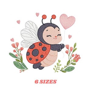 Motif de broderie coccinelle - Animal de jardin, cœur et fleurs (Téléchargement instantané)