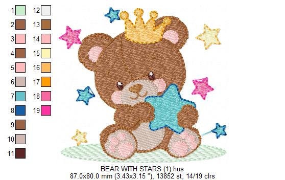 クマの刺繍デザイン - 王冠をつけたクマの機械刺繍パターン