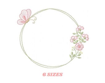 Floral Monogram Frame Embroidery Design – Butterfly, Flower Machine Pattern (Digital Download)