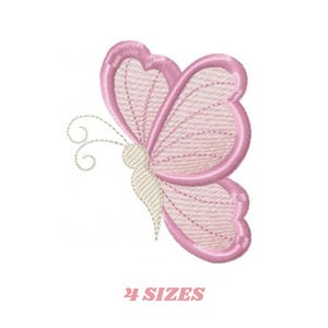 Puede incluir: Diseño de bordado de mariposa rosa con costuras detalladas. La mariposa tiene un interior rosa claro y un contorno rosa más oscuro. El texto "4 TAMAÑOS" se muestra en rosa debajo.