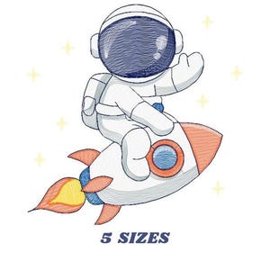 Desenho de astronauta em foguete para bordar – Padrão espacial para máquina (Download instantâneo)