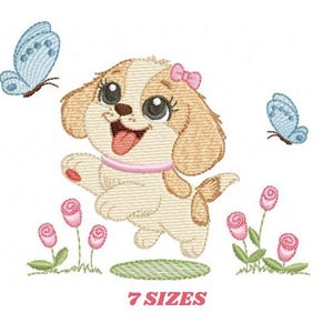 May include: Embroidered design of a happy, cartoon puppy with a pink bow, running through a field of pink roses and blue butterflies.  The design includes the text "7 SIZES".
