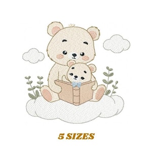 Ours lisant des motifs de broderie - Ours en peluche avec motif de broderie machine - Petit garçon lisant un livre - Téléchargement instantané pes jef