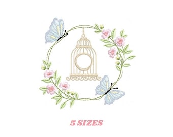 Diseños de bordado de casitas para pájaros - Patrón de bordado a máquina de árbol de cerezo en flor con mariposas - Archivo para niña - Descarga digital instantánea