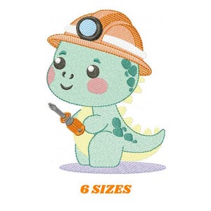 May include: A green dinosaur wearing a yellow hard hat with a headlamp and holding a screwdriver. The dinosaur has a friendly expression and is sitting on a purple surface. 6 SIZES.